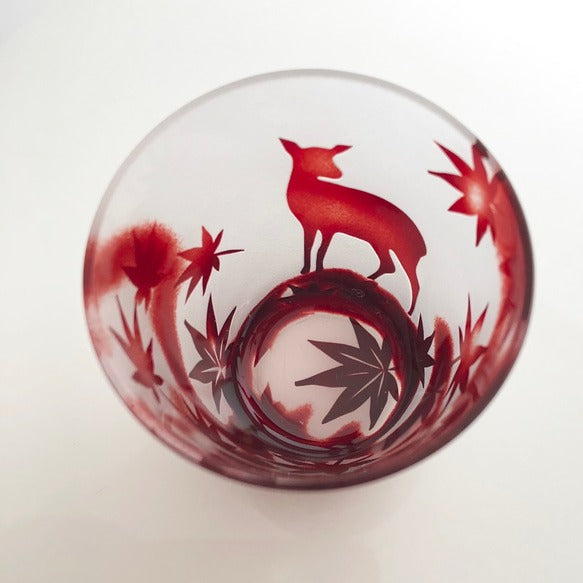 Hanafuda Sake Glass - Deer & Autumn Leaves